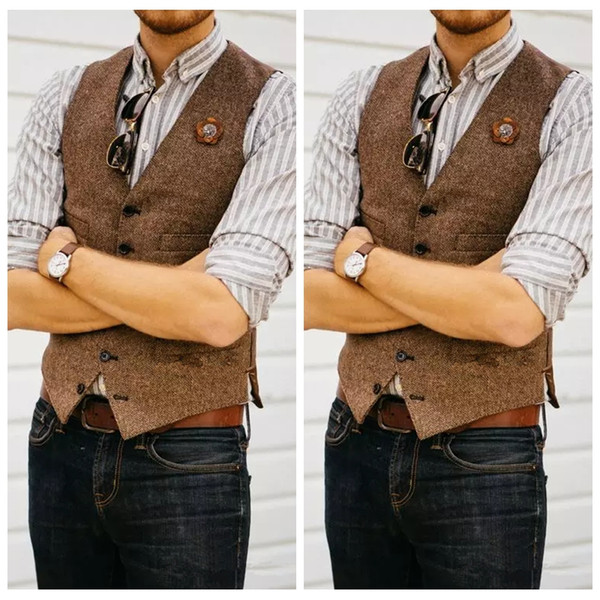 Vintage Tailor Made Men Groom Vests Farm Wedding Wool Vests Custom 2019 Slim Fit Mens Suit Vest Prom Wedding Waistcoat Herringbone Tweed