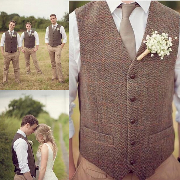 Groom Vests Country Farm Wedding Brown Wool Herringbone Tweed Vests Custom Made Groom Vest Slim Fit Mens Suit Vest Prom Wedding Waistcoat