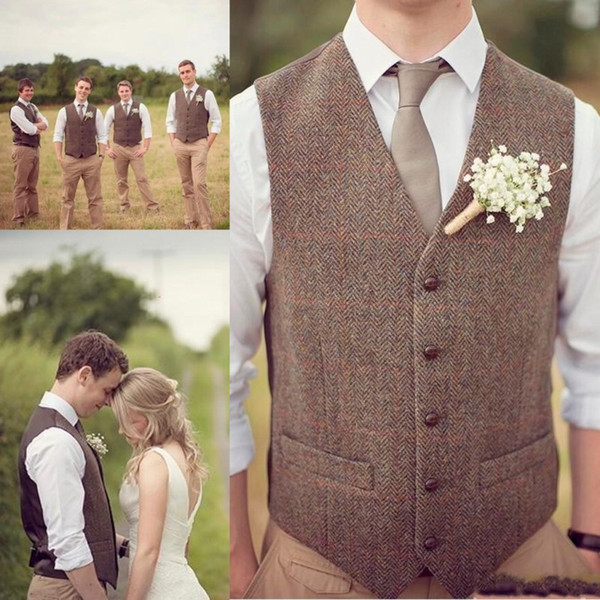 Cheap Country Groom Vests Brown Wool Herringbone Tweed Vests Custom Made Groom Vest Slim Fit Mens Suit Vest Groomsman Prom Wedding Waistcoat