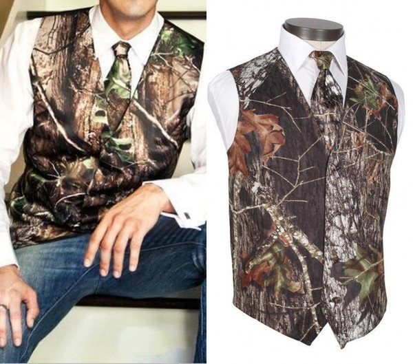 2018 New Real Camo Wedding Groom Vests Tree Trunk Leaves Spring Camouflage Slim Fit Mens Suits 2 piece set Farm Wedding Vest and Tie Set