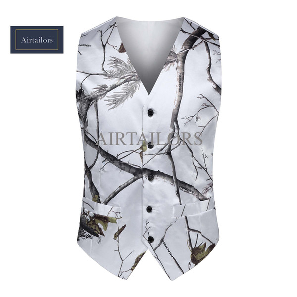 2018 White Camo Men Vest Camouflage Mens Suit Vest Slim Groom Vests Realtree Camo Outerwear Spring Autumn Summer Wedding Vest Men(Vest+Tie)