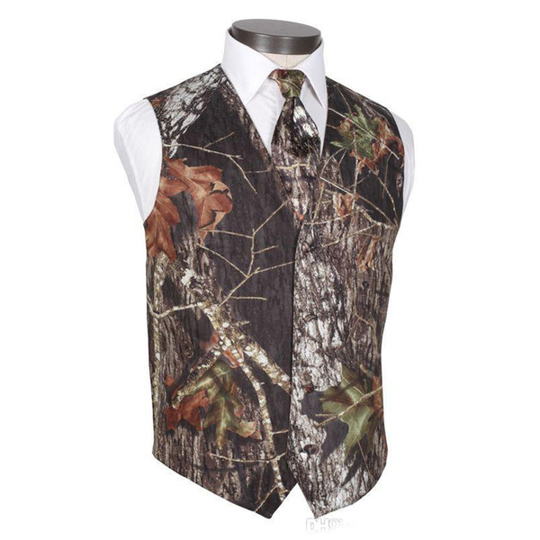 2019 New V Neck Camo Groom Vests Men's country Wedding Outerwear Vest Realtree Spring Camouflage Slim Fit Men's Vests(Vest+Tie) Custom Made