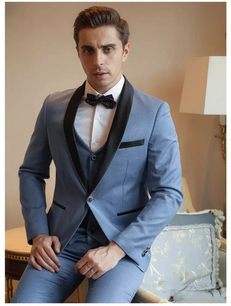 Popular Blue Men Wedding Tuxedos Shawl Lapel One Button Groom Tuxedos Style Men Dinner/Darty 3 Piece Suit(Jacket+Pants+Tie+Vest) 153