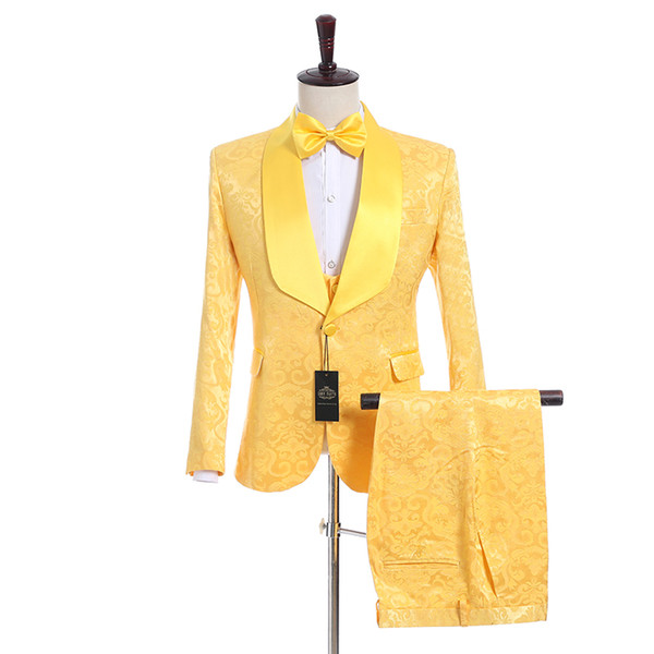 Collection -- Gold Yellow Paisley Groom Tuxedos One Button Side Vent Groomsmen Blazer Excellent Men 3 Piece Suit(Jacket+Pants+Tie+Vest)410