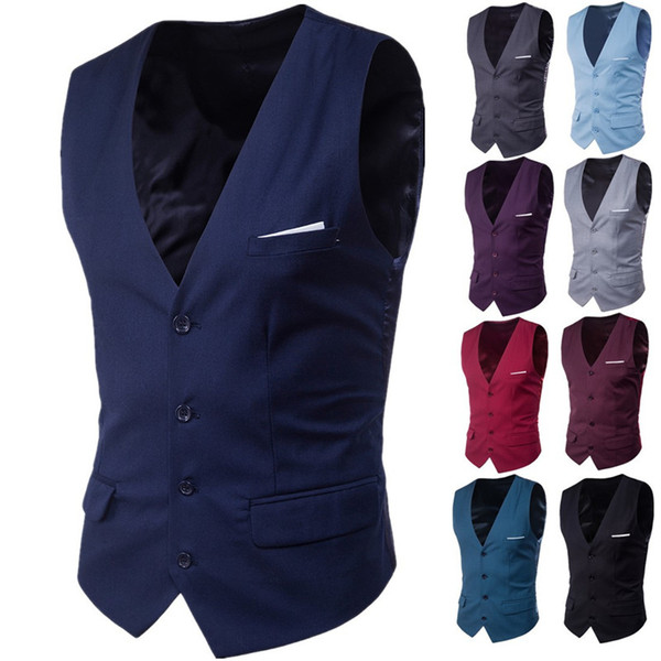 Men's Business Casual Slim Vests Fashion Men Solid Color Single Buttons Vests Fit Male Suit For 2019 Spring Autumn Groom Vest Waistcoat