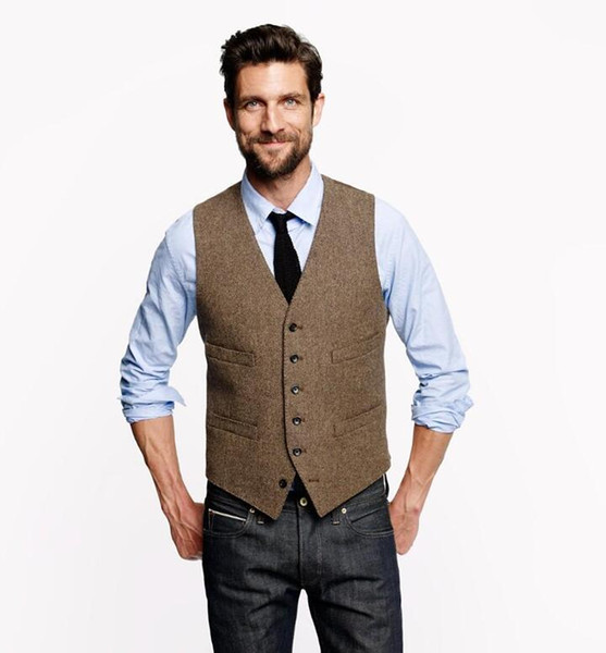 2018 Farm Wedding Vintage Brown Tweed vests custom made Groom vest mens slim fit tailor made wedding vests for men