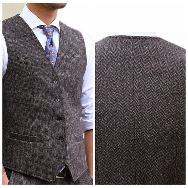 2019 New Design Country V-Neck Men Casual Wedding Vest Slim Fit Mens Vests Wool Herringbone Tweed Groom Wear Business Party Groomsmen Suit