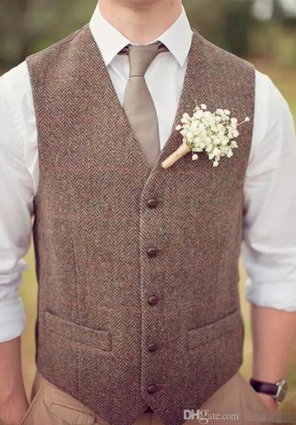 Hot Sell Country Farm Wedding Brown Wool Herringbone Tweed Vests Groom Vest Slim Fit Mens Suit Vest Prom Wedding Waistcoat Plus