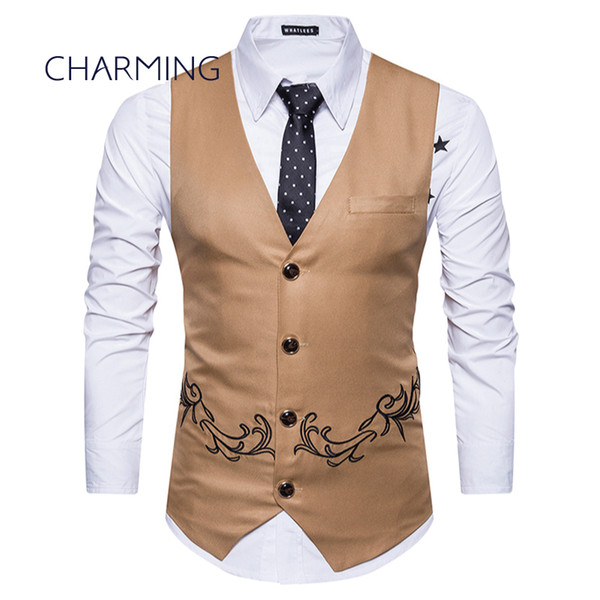 Khaki vest mens Fashion embroidery design Sleeveless vests mens tan vests Men's V-neck vest vest mens