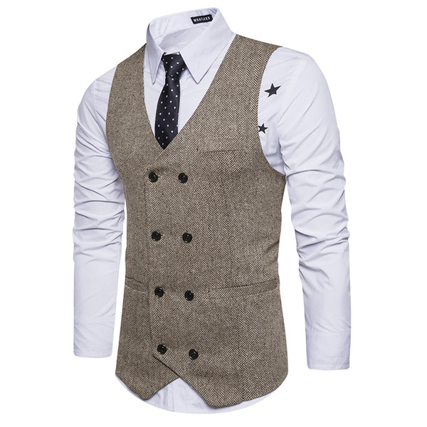 New Brown Double Breasted Vest Suit Mens Vests Striped Slim Fit Waistcoat British Vintage Blazer Sleeveless Jacket S-XXL