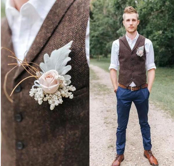 2018 Wedding Brown Wool Herringbone Tweed Vests Custom Made Groom Vest Slim Fit Mens Suit Vest