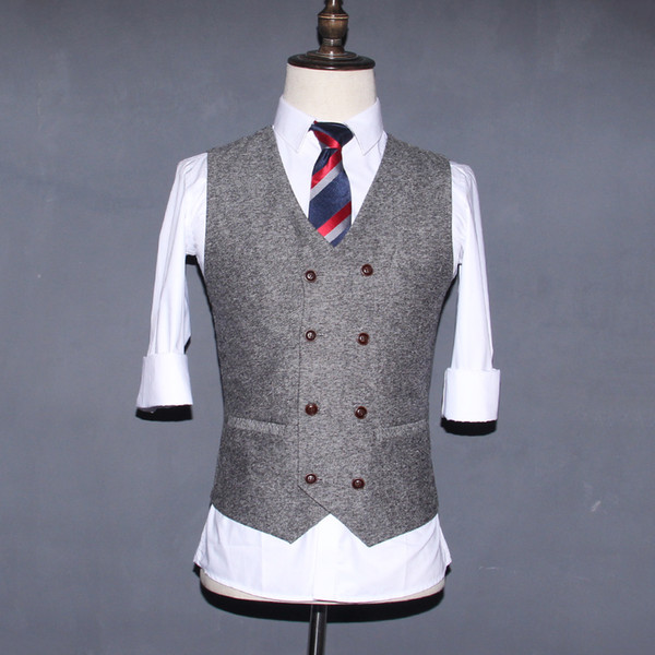 2017 Grey Double Breasted Wedding Brown Wool Herringbone Tweed Vests Groom's Suit Vest Slim Fit Tailor Wedding Vest Men V07