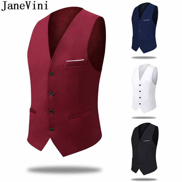 JaneVini 2018 Men's Slim Fit Business Suit Vest Male V-Neck Groom Waistcoat Vest Groomsmen Best Man Suits Vress Black Formal Vests Jacket