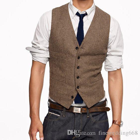 Cheap Tweed Groom Vests Wool Herringbone British Style Custom Made Me Groom Vest Slim Fit Mens Suit Vest Groomsman Prom Wedding Waistcoat