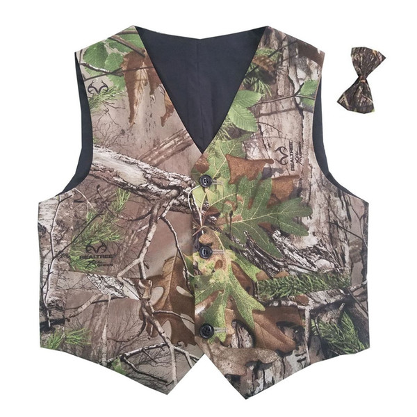 2019 Modest Camo Wedding Vests Groom Vest Tree Trunk Leaves Spring Camouflage Slim Fit Men's Vests 2 piece set (Vest+Bow) Custom Made