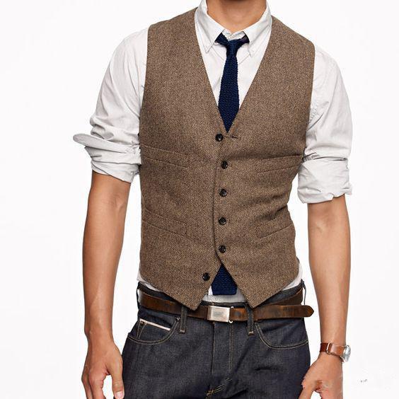 Country Brown Tweed Vest Wool Herringbone Groom Vests British Style Mens Suit Vests Slim Fit Mens Dress Vest Custom Wedding Waistcoat