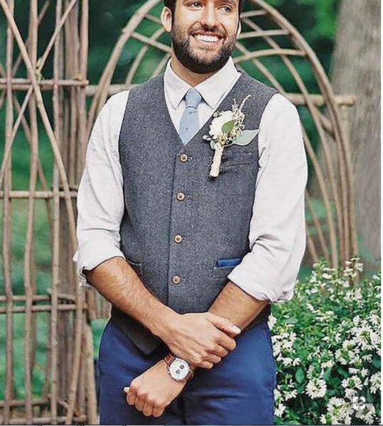 2019 Groom Vests Gray Tweed Wool Herringbone Groom Vests British Style Mens Suit Vests Mens Dress Vest Custom Wedding Waistcoat