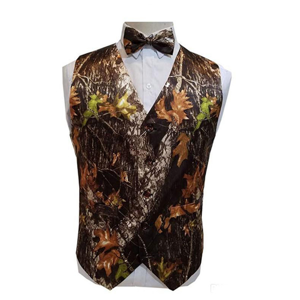 New Real Camo Wedding Vests 2019 Groom Vest Tree Trunk Leaves Spring Camouflage Slim Fit Mens Vests 2 piece set (Vest+Bow)