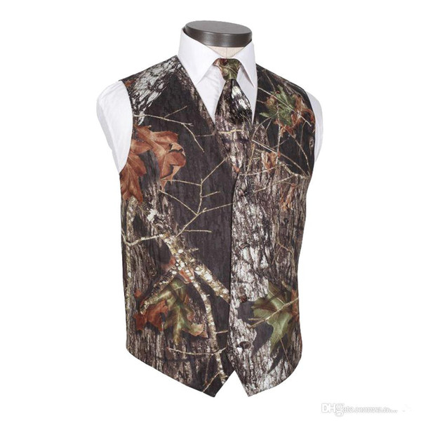 2019 New Camo Groom Vests For Country Wedding Realtree Spring Camouflage Slim Fit Mens Attire 2 piece set (Vest+Tie) Custom Made Plus Size