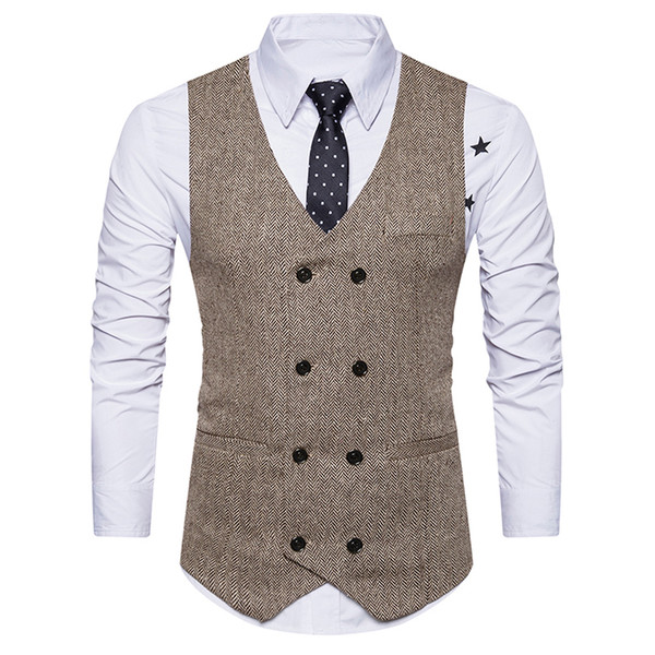 Suit Vest Men 2018 Khaki Grey Vest Double Breasted Formal Casual Style Slim Fit Wedding Waistcoat