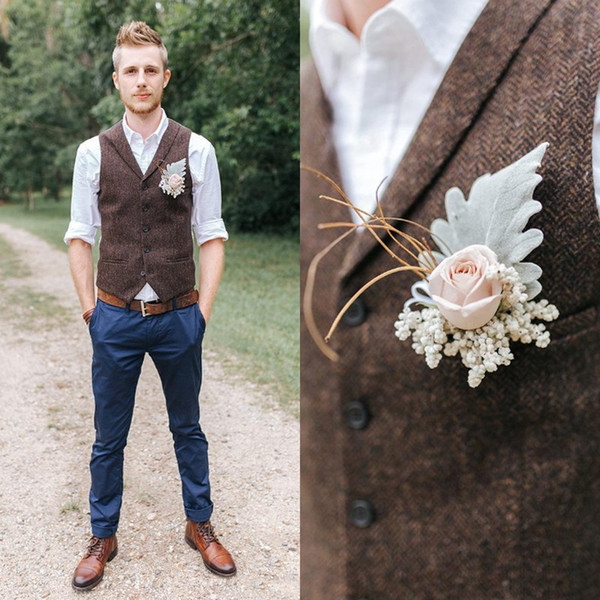 Fashion Farm Dark Brown Groom Vests Wool Herringbone Tweed 2019 Groomsmen Vest Slim Fit Men Prom Wedding Waistcoat Plus Size