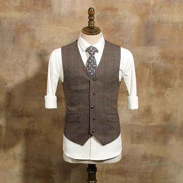 Farm Wedding Brown Herringbone Wool Tweed Vests Groom Suit Vest Slim Fit Tailor Made handsome Wedding Vest Men Plus Size