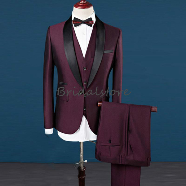 Fine Navy Burgundy Mens Wedding Tuxedos Best Man Evening Suits Slim Fit Groom Tuxedos formal wears Shawl Lapel Groomsman Jacket Pants Vest