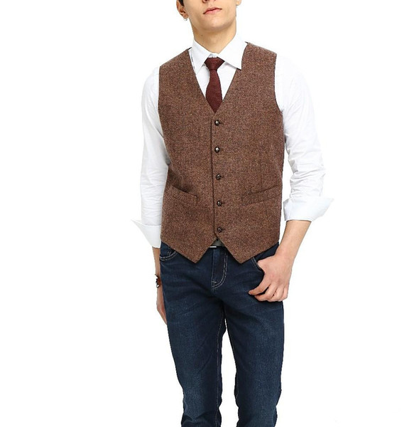 2018 Cheap Brown Tweed Vest Wool Herringbone Groom Vests Men's Suit Vests Slim Fit Mens Wedding Waistcoat