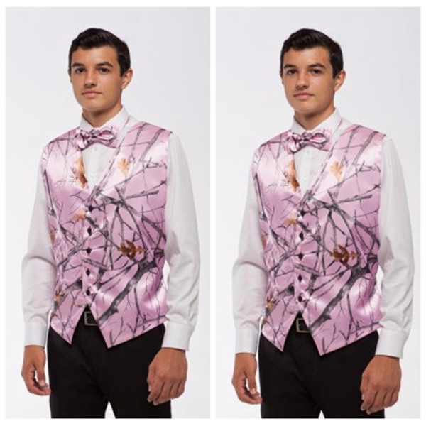 Cheap Sale 2019 Pink Camo Men Vests With Tie Camouflage Groom Groomsman Vest Cheap Satin Custom Formal Wedding Vests Country Groom Vest+Bow