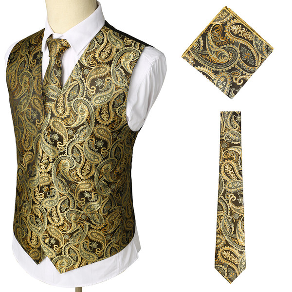 2019 Mens Designer Wedding Vest Slim Fit Floral Pattern Groom Clothes Formal Men Waistcoat Suits In Stock(Vest+Neck Ties+Square Scarf)