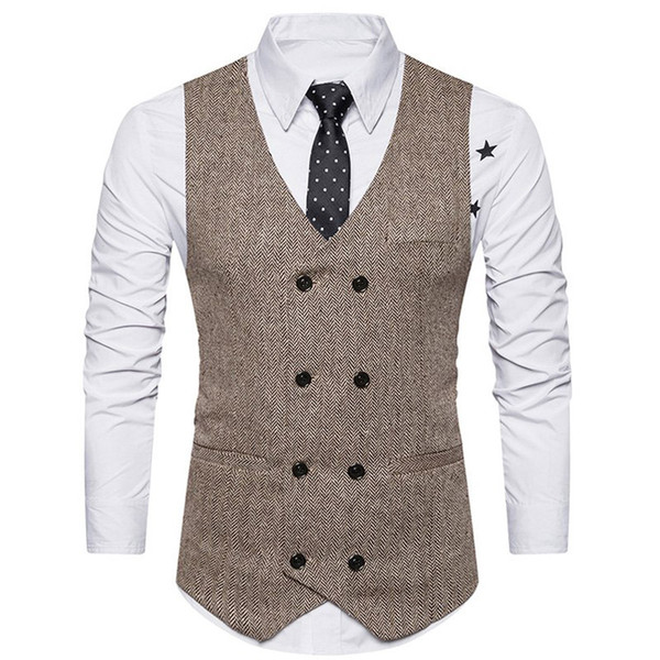 Tweed Men Suit Vest 2018 Khaki Formal Dress Suit Vest Woolen Fashion Slim Fit Waistcoat New Arrival