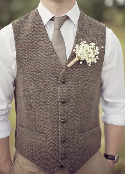 2019 Farm Wedding Brown Herringbone Wool Tweed Vests Custom Made Groom's Suit Vest Slim Wedding Vest For Men Plus Size Tuxedo Waistcoat Men