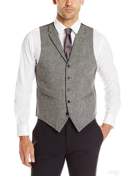 2018 British Style Gray Woolen cloth Groom Vests Slim Fit Notch Lapel Single breasted Sleeveless Men's Suit Vest VintageJacket Waistcoat