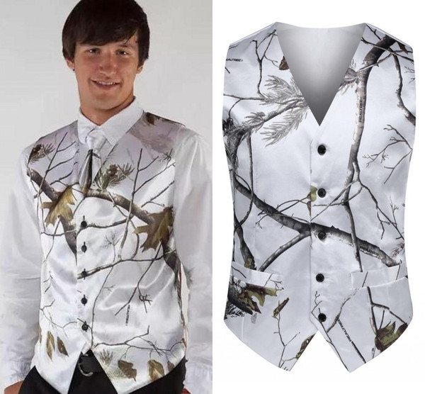 2019 Fashion White Camo Groom Vests + Ties for Wedding Outerwear Vest Realtree Spring Camouflage Slim Fit Men's Vests(Vest+Tie) Custom Made