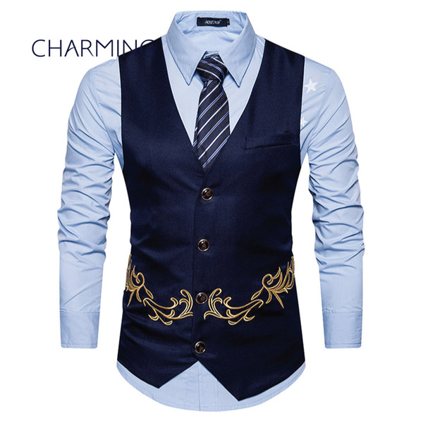 Mens formal vest Fashion embroidery design Sleeveless vests mens Cool vests for guys mens button vest