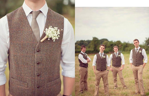 Country Farm Wedding Brown Wool Herringbone Tweed Vests Custom Made Groom Vest Slim Fit Mens Suit Vest Prom Wedding Waistcoat Plus Size