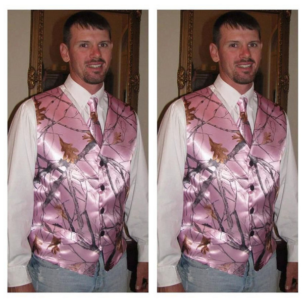 Top Sale Pink Camo Groom Vest Custom Made Snowfall True Timber Camo Formal Mens Vest Pink Real Tree Camouflage Wedding Party Wear