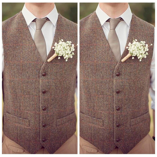 Cheap Sale 2018 Brown Tweed Vest Wool Herringbone Groom Vests Mens Suit Vests Slim Fit Mens Dress Vest Custom Wedding Vest