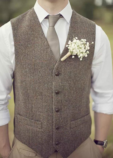 High Quality Brown Country Wedding Wool Tweed Vests Groom Vest Slim Cheap Free Shipping Fit Mens Suit Vest Prom Wedding Waistcoat