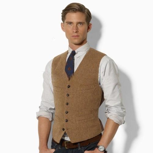 2019 New Classic Fashion Brown Tweed Waistcoat Wool Herringbone British Style Men's Suit Slim Fit Blazer Wedding Suits For Men