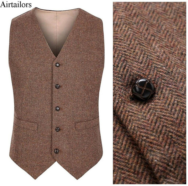 2017 New Farm Wedding Brown Wool Herringbone Tweed Vests Custom Made Groom's Suit Vest Slim Fit Tailor Made Wedding Vest Men Plus Size