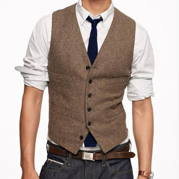 Tweed Men Suit Vest 2018 Khaki Formal Dress Suit Vest Woolen Fashion Slim Fit Waistcoat New Arrival 2019