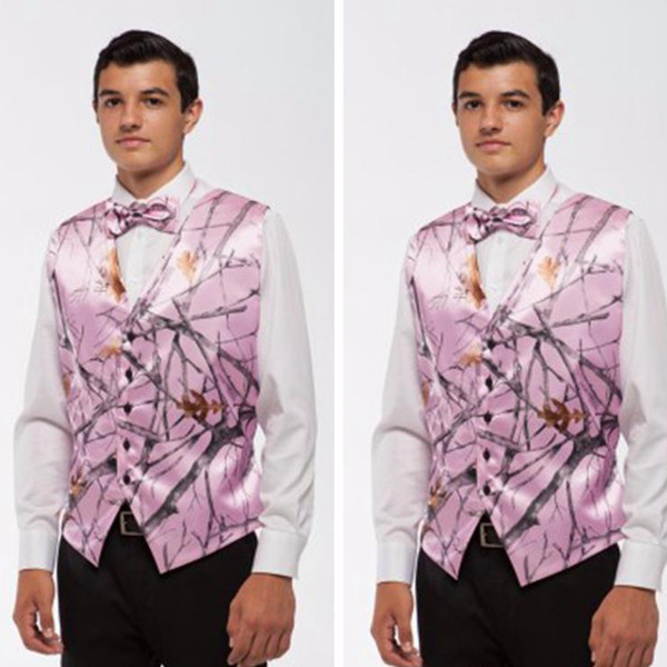 2019 Pink Camo Men Vests With Tie Camouflage Groom Groomsman Vest Cheap Satin Custom Formal Wedding Vests Country Groom Vest+Bow