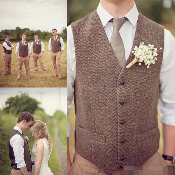 Hot Sell Country Farm Wedding Brown Wool Herringbone Tweed Vests Custom Made Groom Vest Slim Fit Mens Suit Vest Prom Wedding Waistcoat