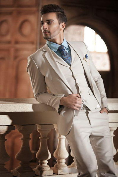 New Style Light Beige Men Wedding Tuxedos Notch Lapel One Button Groom Tuxedos Fashion Men Dinner/Darty 3 Piece Suit(Jacket+Pants+Tie+Vest)2