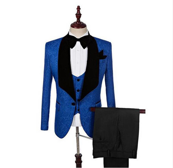 Fashion Royal Blue Black Groom Tuxedos 3 Pieces Shawl Lapel Men Suit Wedding Suit Prom Party Tuxedos Suits High Quality (Jacket+Pants+Vest)