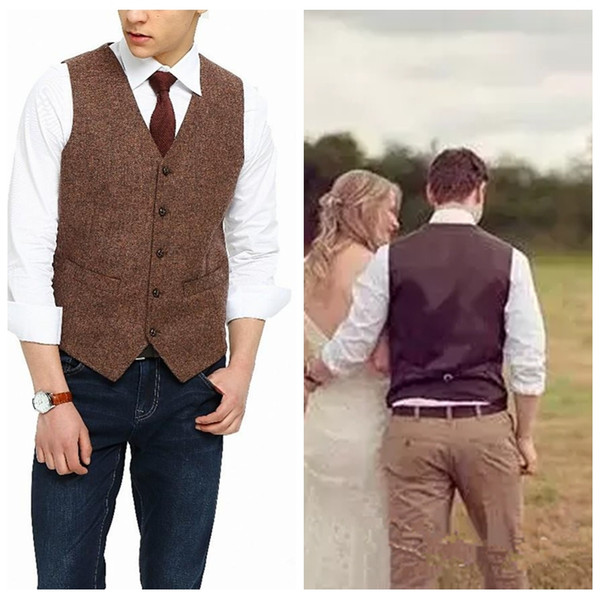 Custom Made Mens Country Farm Brown Wool Herringbone Tweed Dress Vests Custom Made Groom Vest Slim Fit Mens Suit Vest Wedding Waistcoat 2019