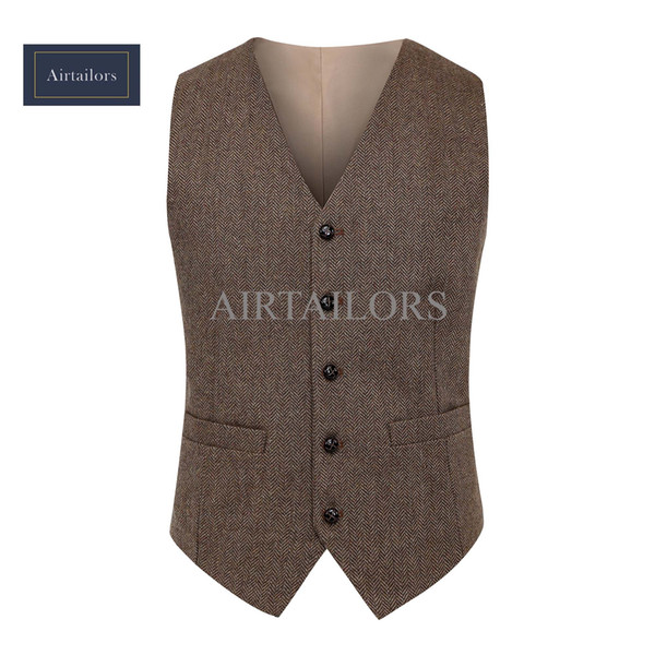 2018 New Vintage Wool Brown Herringbone Tweed Vests Brand Mens Suit Vest Slim Fit Farm Wedding Vest For Men Formal Waistcoat Men