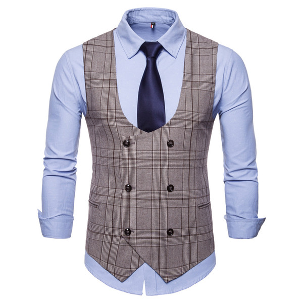 New Arrival Men Sock Puppet Autumn Winter Double Breasted Three Colours Men Plaid Waistcoats High Quality V-Neck Sleeveless Wedding Vests