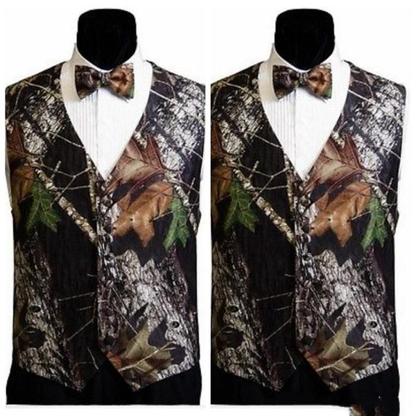 2018 Top Sale Camo Men Vests With Bow Camouflage Groom Groomsman Vest Cheap Satin Custom Formal Wedding Vests Camouflage